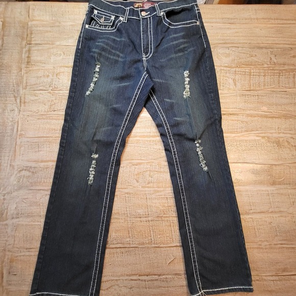 Nesso Denim Jeans Womens Sz 14 Thick Stitching Blue Dark Wash Distressed Stretch - Picture 1 of 10